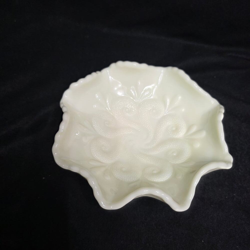 Vintage Milk Glass Open Rose Ruffled Bowl Embossed Floral 6.5" Footed Dish